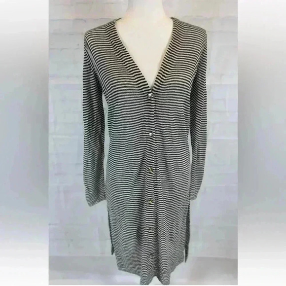 NEW LOFT Maxi Cardigan Women Size M Petite Green Striped Long Sleeve Knit Light - Picture 6 of 16